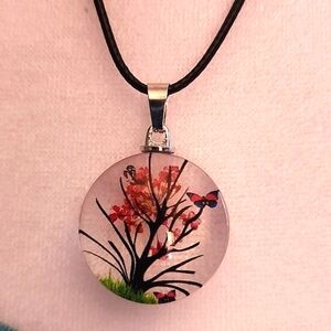 Genuine Pressed Flower Tree of Life Necklace Black Leather Rope Chain